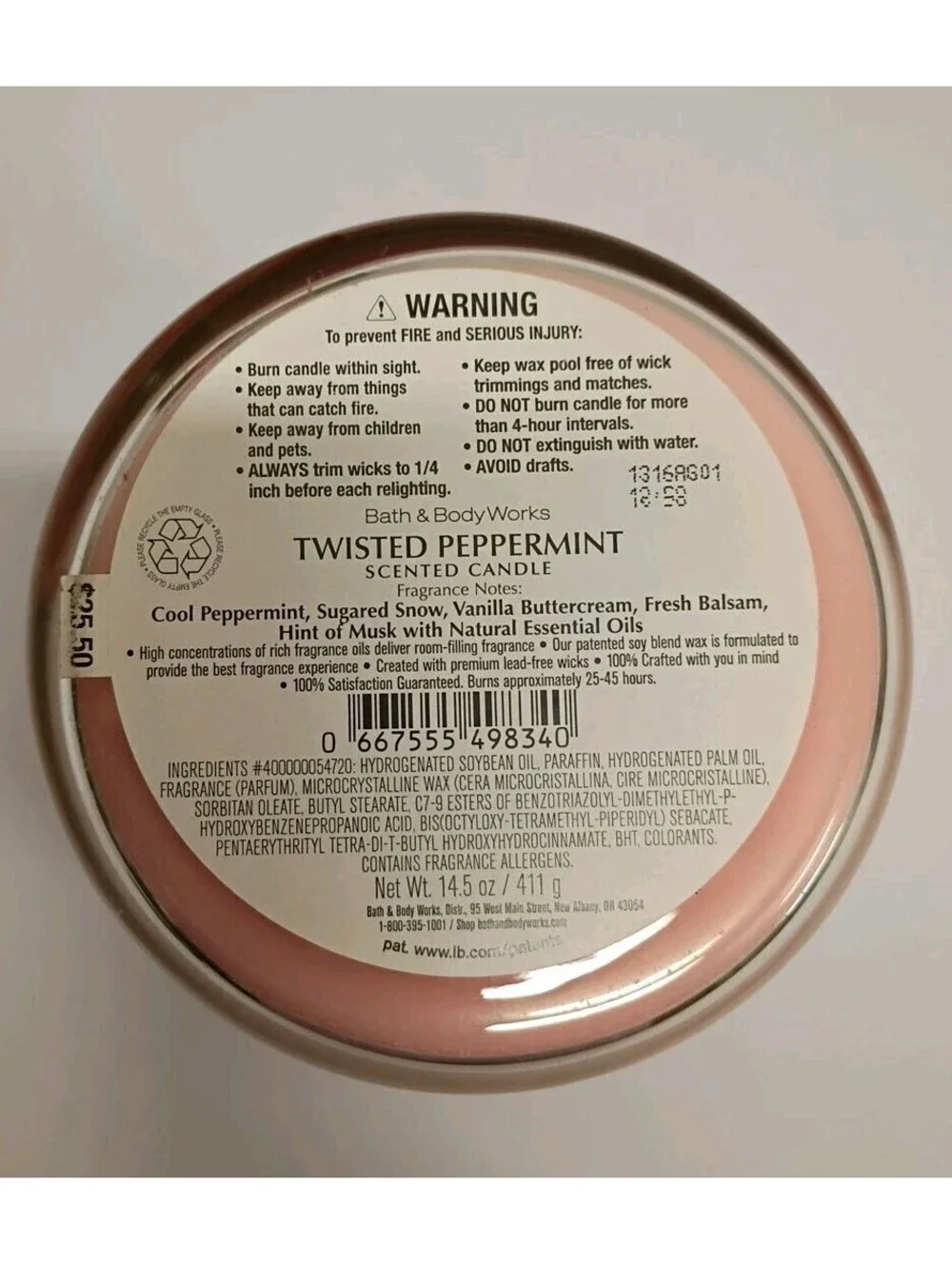 New W/ Box~Bath & Body Works 3 Wick Scented Candle TWISTED PEPPERMINT 14.5  oz
